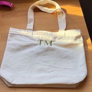 White Canvas Tote Bag with Zipper and TM initials